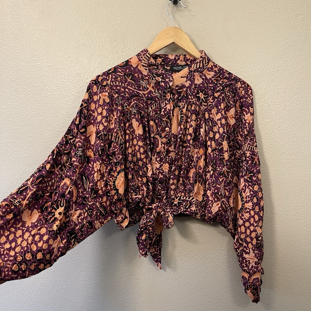 Rachel Zoe Abstract Floral Crop Top Buttons Bow Tie Billowing Sleeves Boho Sz L